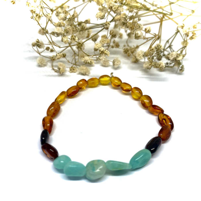 Pulseira de Âmbar Multicor e Amazonite Adulto (elástico)