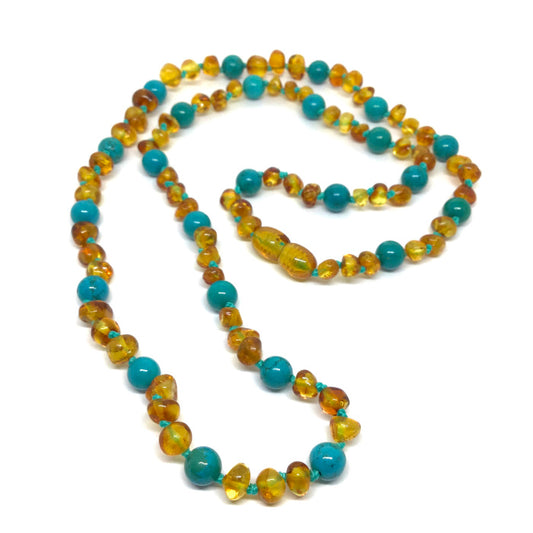 Colar de Âmbar Cognac e Turquesa (verde) 60cm