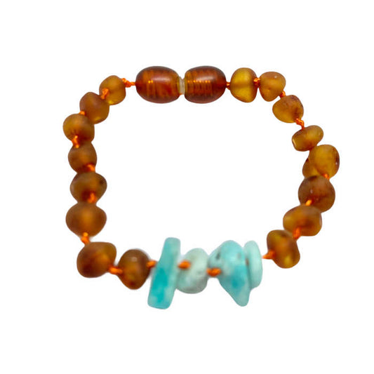 Pulseira - Tornozeleira de Âmbar Cognac Não Polido e Amazonite Chip Bebé - Criança