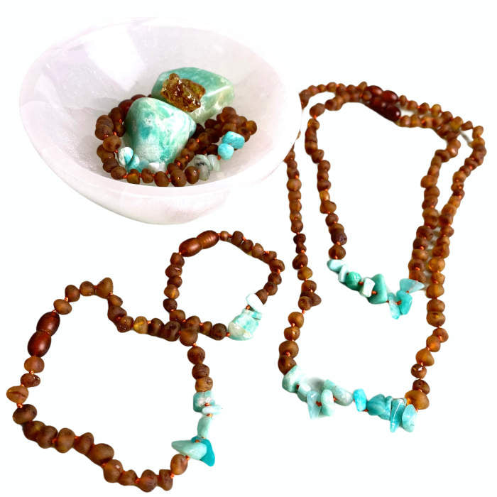 TORNOZELEIRA (ADULTO) de Âmbar Cognac Não Polido e Amazonite