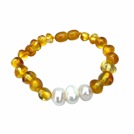 Pulseira - Tornozeleira de Âmbar Mel e Pérolas Bebé - Criança