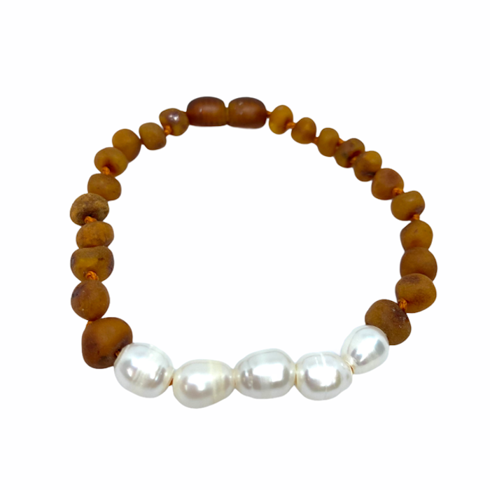 Pulseira - Tornozeleira de Âmbar Cognac Não Polido e Pérolas Adulto