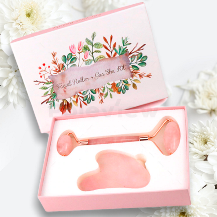 Kit Rolo Facial &amp; Gua Sha em Quartz Rosa