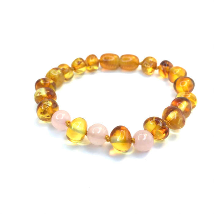 Pulseira - Tornozeleira de Âmbar Mel e Quartz Rosa Juvenil/Mulher (fio amarelo)