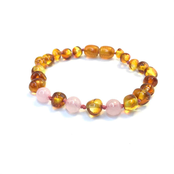 Pulseira - Tornozeleira de Âmbar Mel e Quartz Rosa Bebé - Criança (fio rosa)