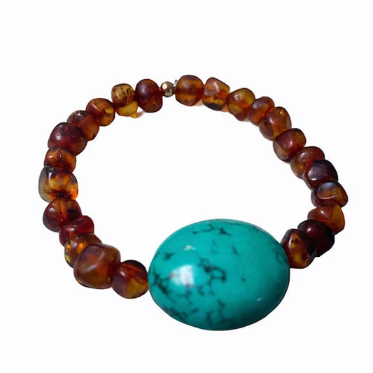 Pulseira Amuleto de Ambar Cognac e Turquesa (elástico)
