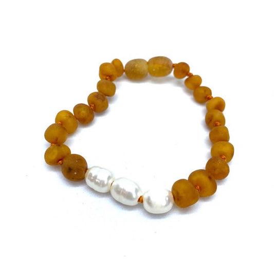 Pulseira - Tornozeleira de Âmbar Cognac Não Polido e Pérolas Bebé - Criança