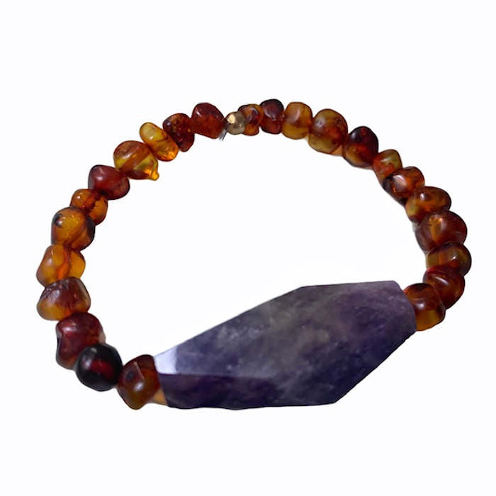 Colar Amuleto de Ambar Cognac e Ametista 45cm