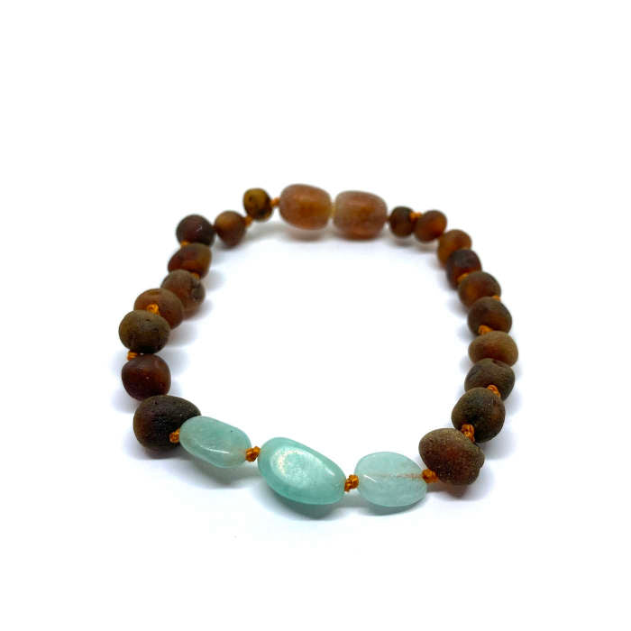 Pulseira - Tornozeleira de Âmbar Cognac Não Polido e Amazonite Juvenil/Mulher
