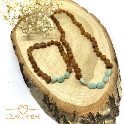 Colar de Âmbar Hope Cognac Não Polido e Amazonite Bebé - Criança