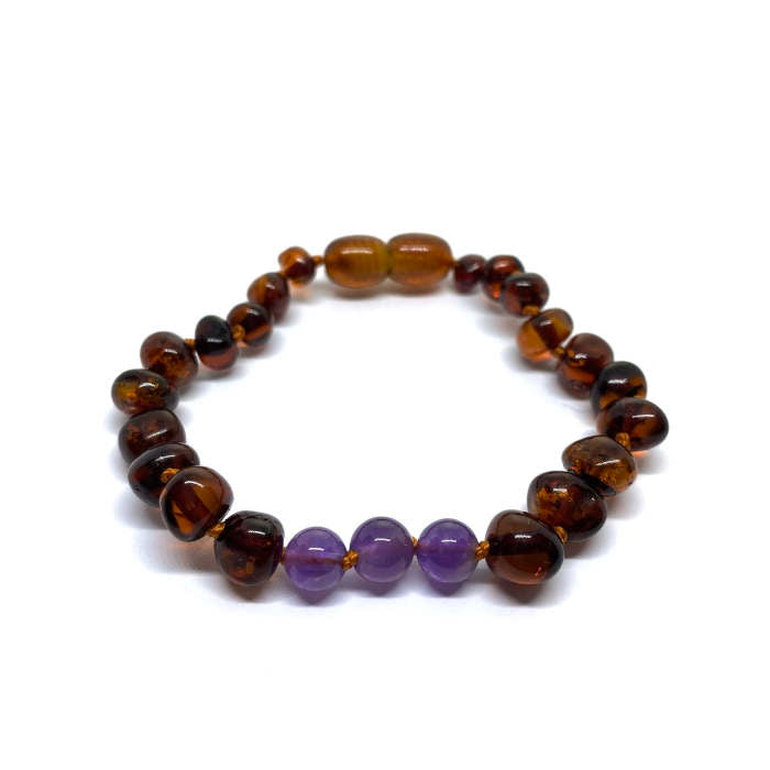 Pulseira - Tornozeleira de Âmbar Cognac e Ametista Bebé - Criança