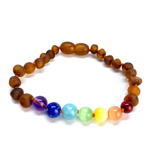 Pulseira - Tornozeleira de Âmbar Cognac Não Polido e Chakras Bebé - Criança