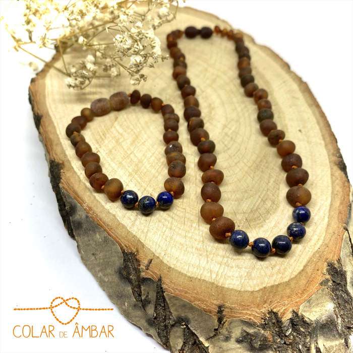 Pulseira - Tornozeleira de Âmbar Cognac Não Polido e Lapis Lazuli Bebé - Criança