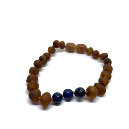 Pulseira - Tornozeleira de Âmbar Cognac Não Polido e Lapis Lazuli Bebé - Criança
