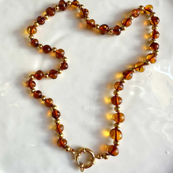 Colar e Pulseira de Âmbar Cognac com Fecho em Aço