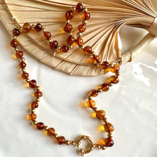 Colar e Pulseira de Âmbar Cognac com Fecho em Aço