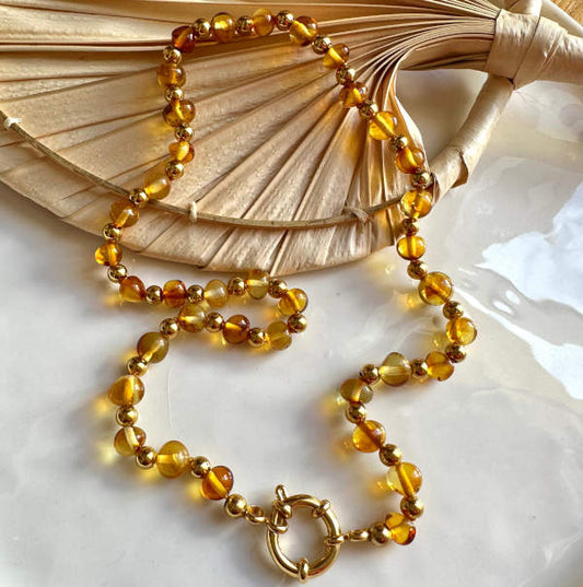 Colar e Pulseira de Âmbar Mel com Fecho em Aço