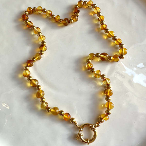 Colar e Pulseira de Âmbar Mel com Fecho em Aço