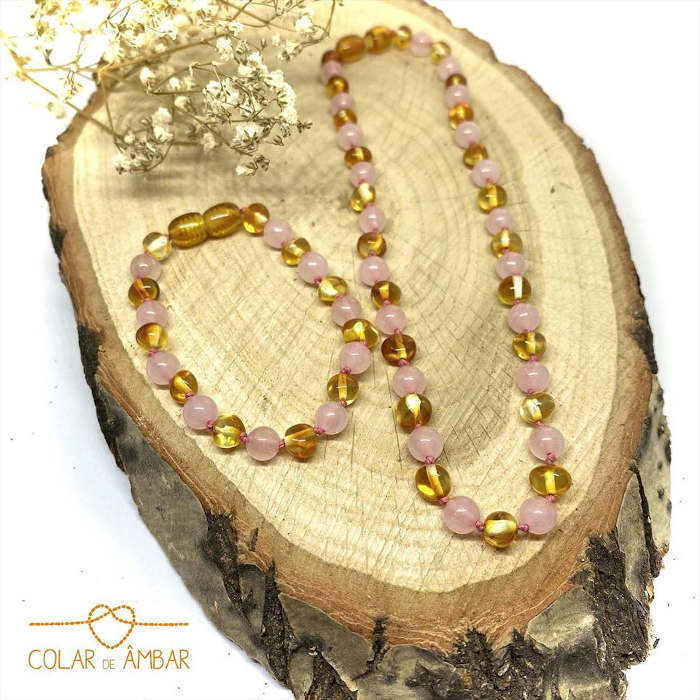 Colar Girly Âmbar Mel e Quartz Rosa Bebé - Criança