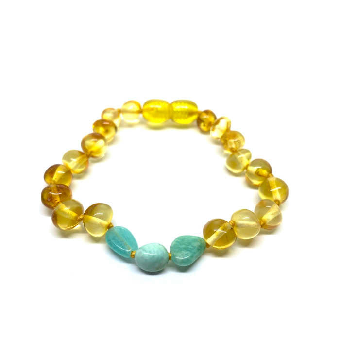 Pulseira - Tornozeleira de Âmbar Mel e Amazonite Juvenil/Mulher