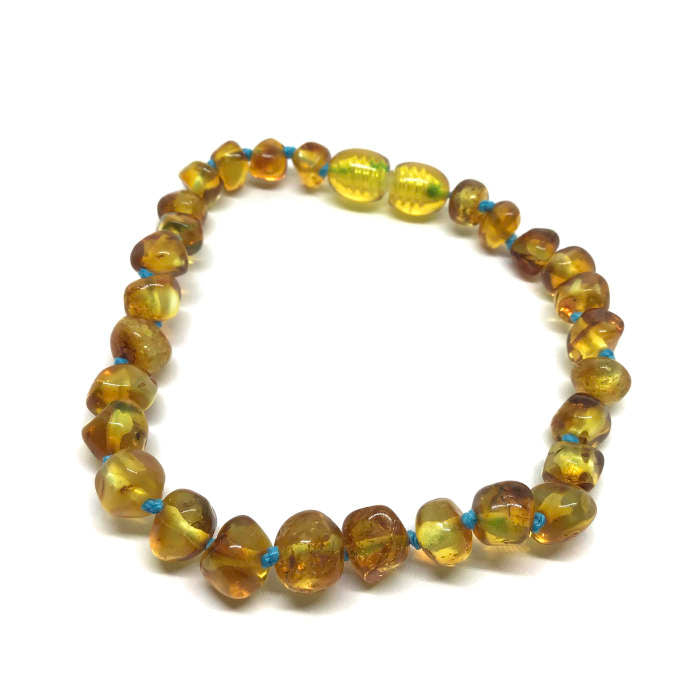 Pulseira - Tornozeleira de Âmbar Barroco Juvenil/Mulher Mel Fio Azul