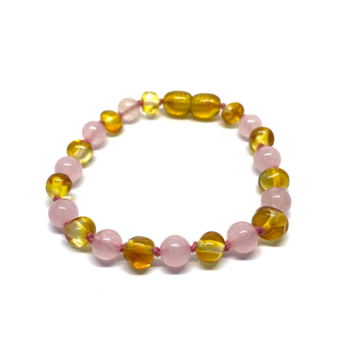 Pulseira - Tornozeleira Girly Âmbar Mel e Quartz Rosa Bebé - Criança