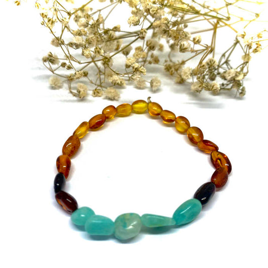 Pulseira de Âmbar Multicor e Amazonite Adulto (elástico)