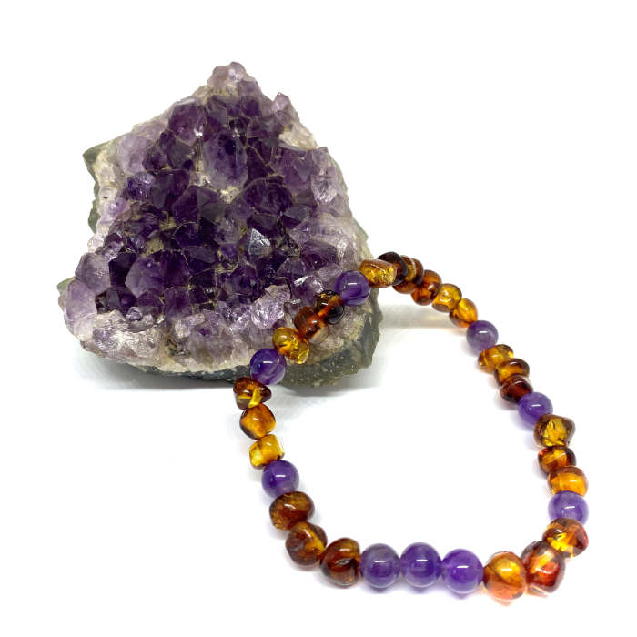 Pulseira  de Âmbar Cognac e Ametista (elástico ) Adulto