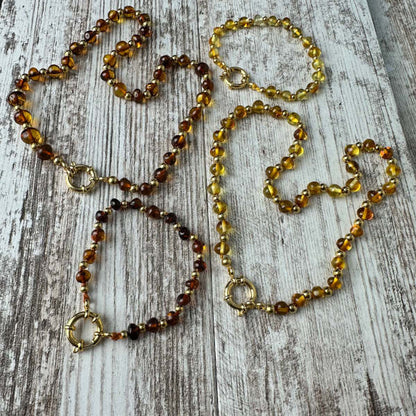 Colar e Pulseira de Âmbar Cognac com Fecho em Aço