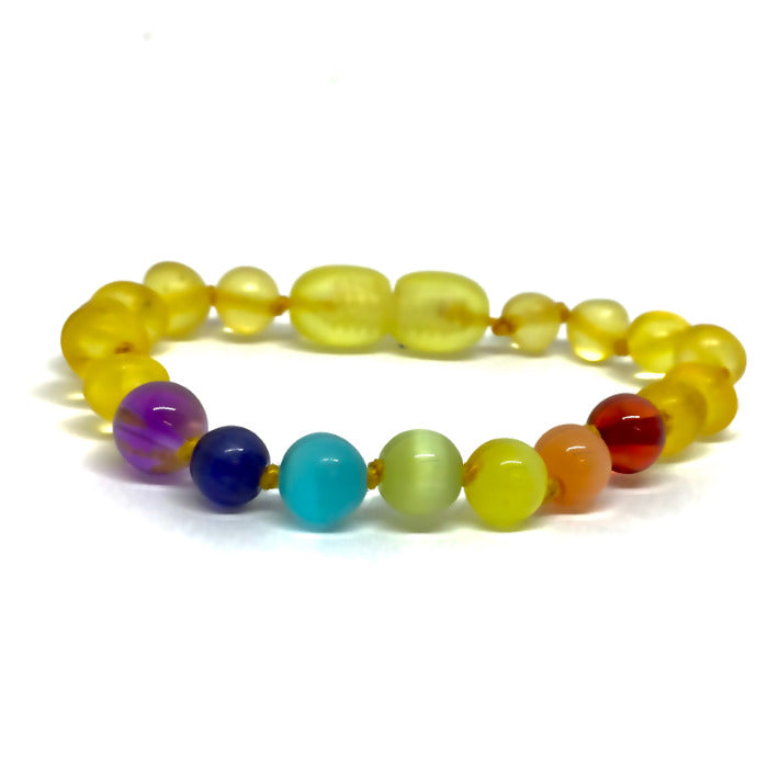 Pulseira - Tornozeleira de Âmbar Limão Não Polido e Chakras Juvenil/Mulher