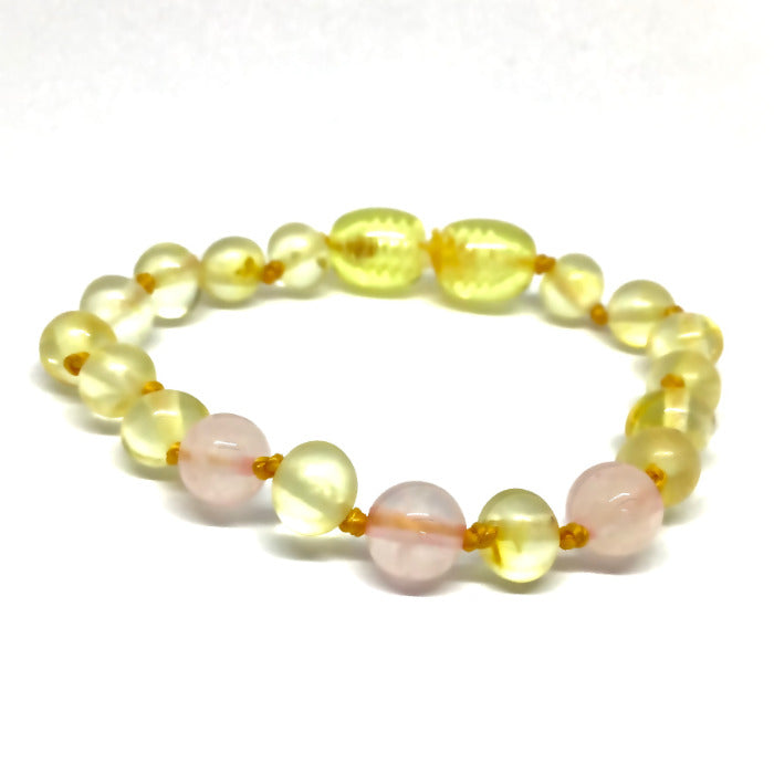 Pulseira - Tornozeleira de Âmbar Limão e Quartz Rosa Juvenil-Mulher (fio amarelo)