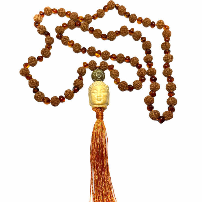 Japamala Rudraksha e Âmbar Cognac