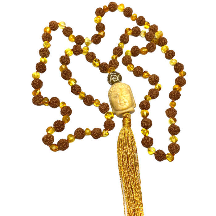 Japamala Rudraksha e Âmbar Mel