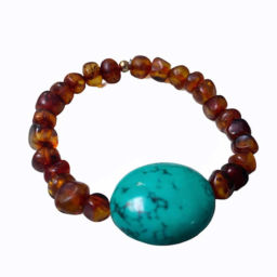 Pulseira Amuleto de Ambar Cognac e Turquesa (elástico)