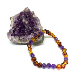 Pulseira de Âmbar Cognac e Ametista Juvenil/Mulher (elástico)