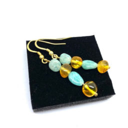 Brincos Prata Dourada, Âmbar e Pedra Semi Preciosa