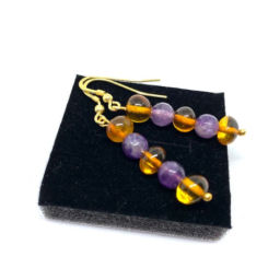 Brincos Prata Dourada, Âmbar e Pedra Semi Preciosa