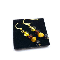 Brincos Prata Dourada, Âmbar e Pedra Semi Preciosa