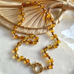 Colar e Pulseira de Âmbar Mel com Fecho em Aço